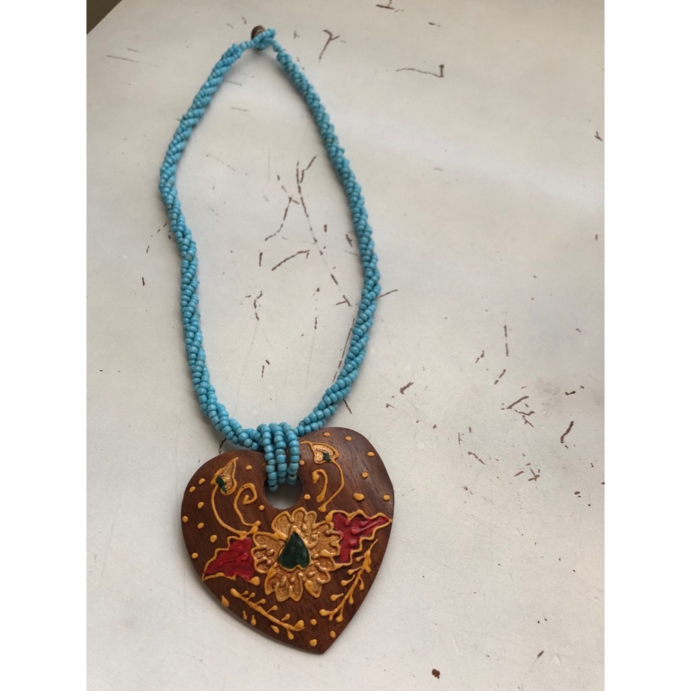 Wooden Painted Heart Beaded Necklace